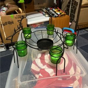 Black Metal Candle Holder with Green Glass Cups